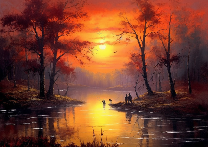 日落西山平静湖泊写实风景手绘插画图,插画/手绘图,插画/手绘图库,插画/手绘图下载,插画/手绘